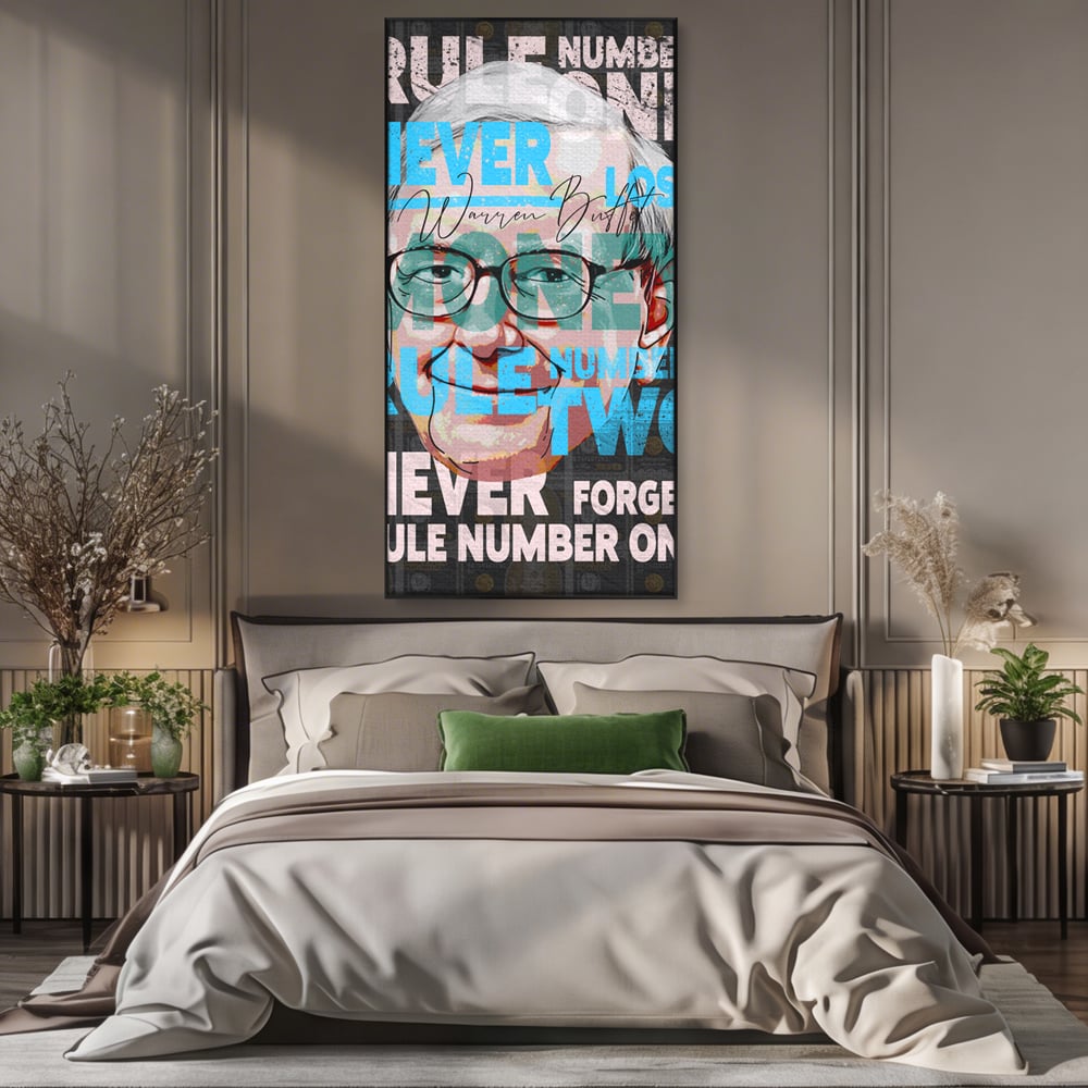 Tablou canvas cu tablou canvas cu portretul stilizat al lui warren buffett, in rama de aluminiu negru, pe perete intr-un dormitor